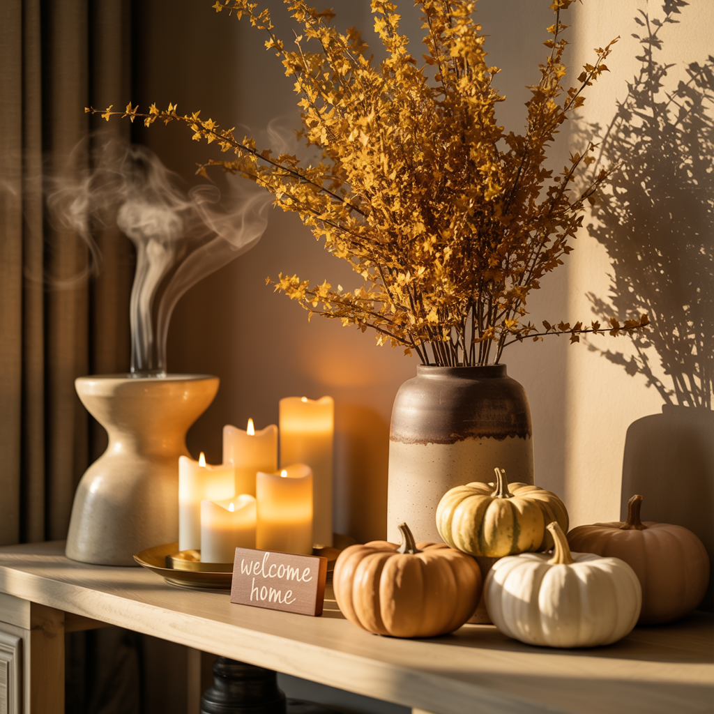 Warm fall entryway table decorated with ceramic vase of golden autumn branches, glowing pillar candles, mini pumpkins in neutral tones, incense burner, and a small ‘welcome home’ sign for cozy seasonal decor.