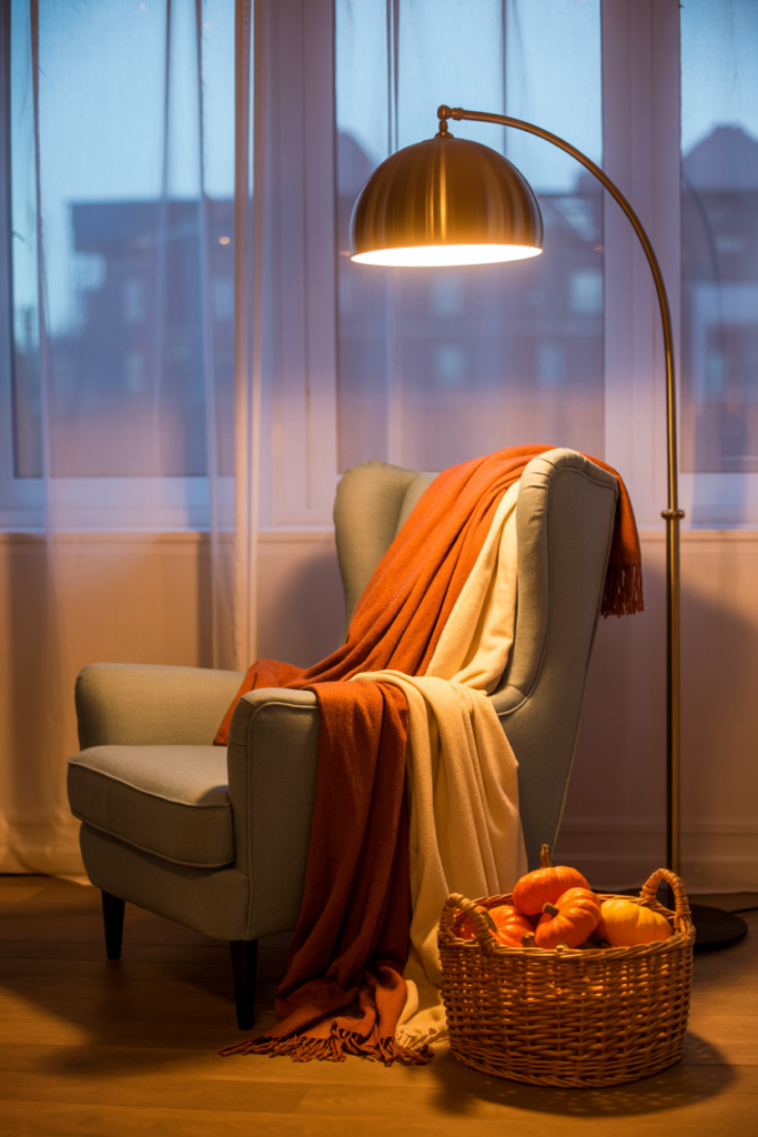 Cozy fall reading nook with a light blue armchair draped in burnt orange and cream throws, illuminated by a warm brass floor lamp, and a wicker basket filled with small decorative pumpkins, set against a softly lit window backdrop for a warm and inviting autumn atmosphere.