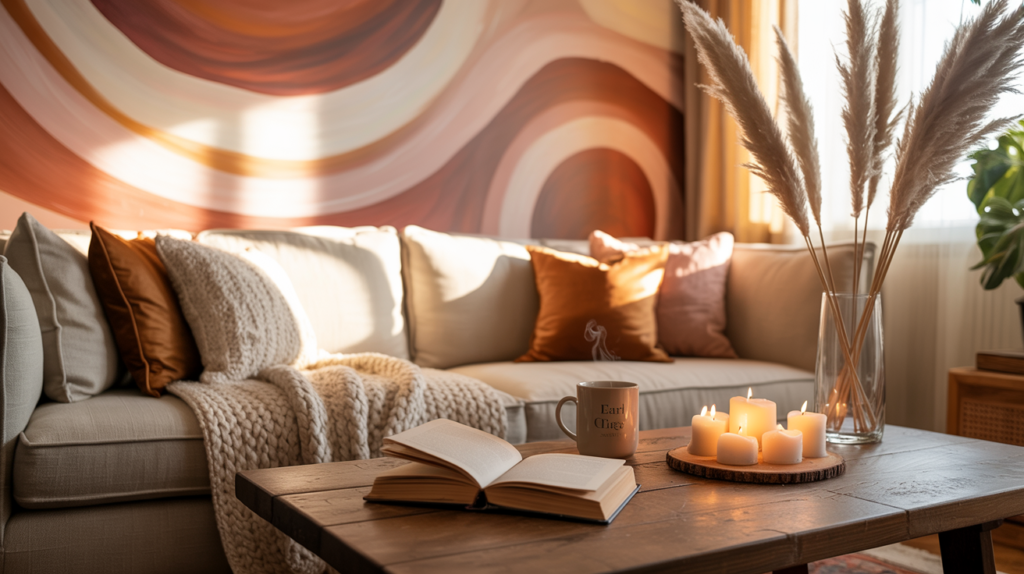 Cozy living room with neutral sectional sofa, rust and cream throw pillows, chunky knit blanket, wood coffee table styled with open book, steaming mug, and glowing candles, pampas grass in vase, and abstract hand-painted wall mural in warm earthy tones