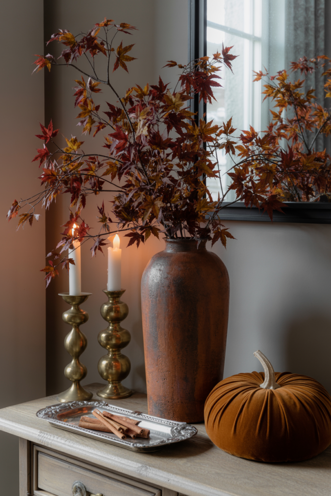 Styled fall entryway console featuring a tall rustic terracotta vase with burgundy maple branches, brass candlesticks with lit taper candles, a plush burnt orange velvet pumpkin, and a silver tray with cinnamon sticks, set against a neutral wall and framed mirror for a cozy autumnal vibe.