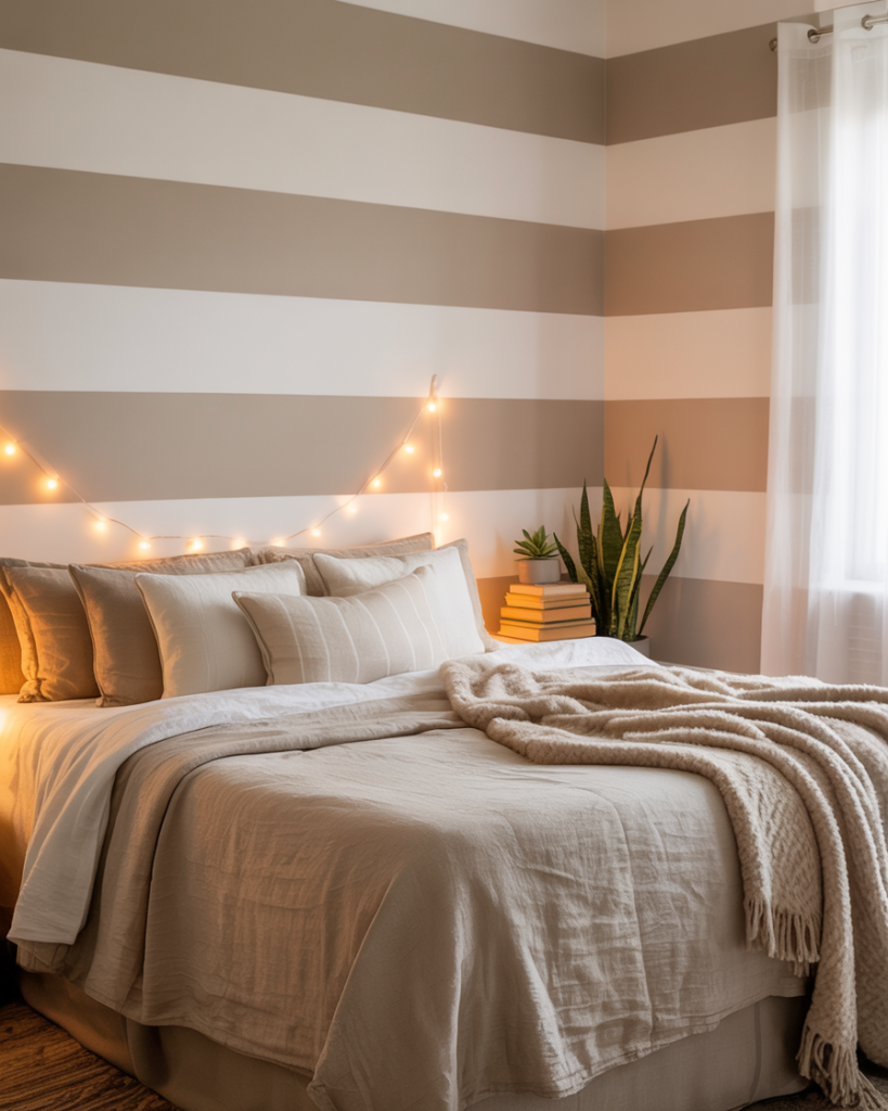 Cozy neutral bedroom with striped accent wall, layered beige bedding, knit throw blanket, decorative pillows, string lights, snake plant, and stacked books on nightstand near sheer white curtains.