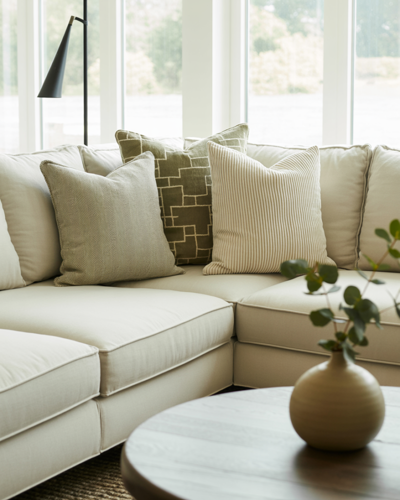 Bright modern living room with a neutral sectional sofa styled with green and cream patterned throw pillows, a round wood coffee table with a minimalist vase, and floor-to-ceiling windows letting in natural light.
