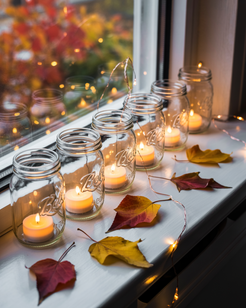 Cozy fall window display with mason jars holding tea light candles and vibrant red and yellow autumn leaves, accented by warm fairy lights and set on a rustic wooden windowsill with colorful foliage outside.