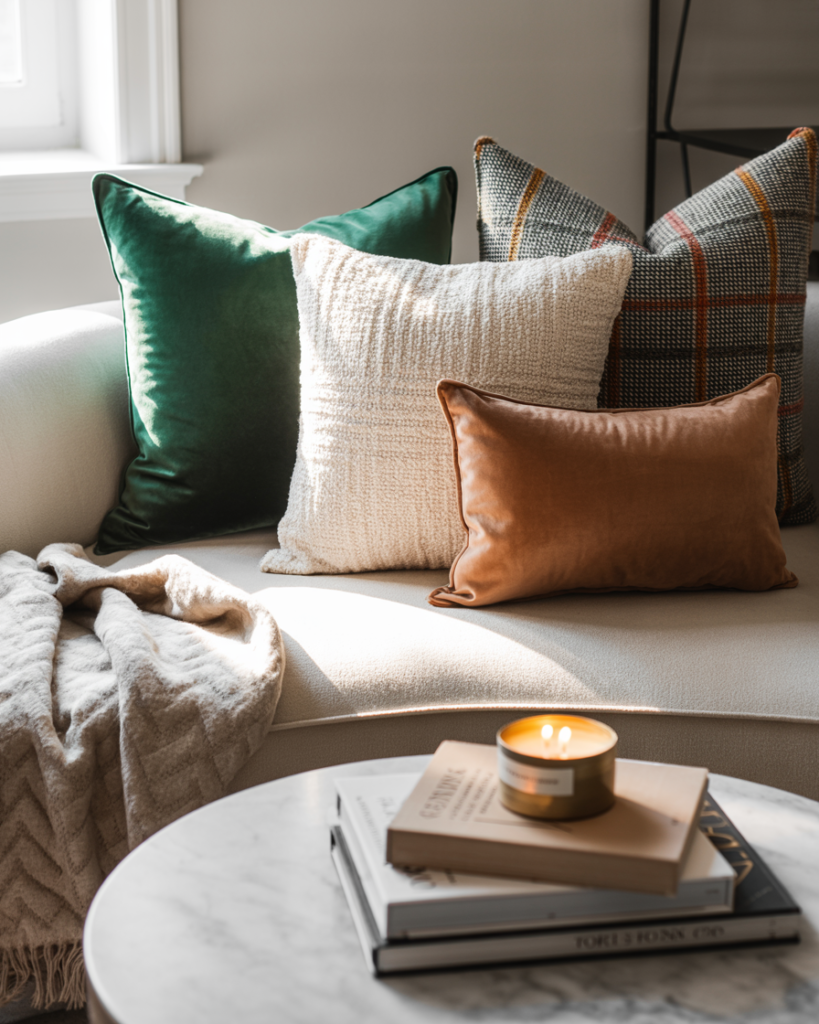 Cozy corner sofa with emerald velvet, cream textured, plaid, and camel velvet throw pillows, a soft herringbone blanket, and a marble coffee table topped with stacked books and a lit candle in warm afternoon light.