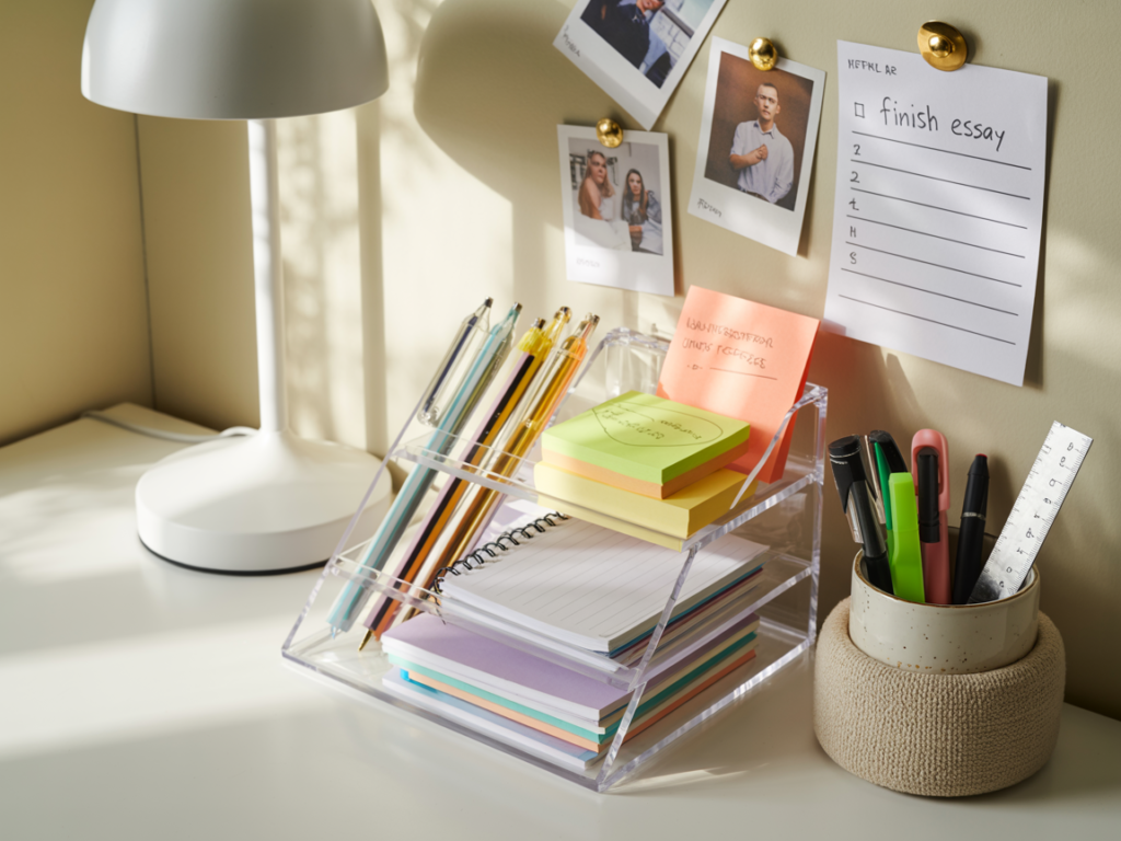 Organized dorm study desk with clear acrylic file organizer, pastel sticky notes, pens and highlighters in a woven cup holder, white desk lamp, and a wall-mounted to-do list and photos for motivation