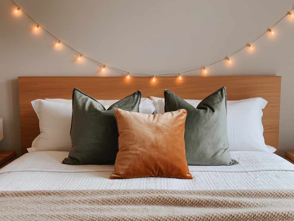 Modern dorm bed with natural wood headboard, cozy neutral bedding, green and rust velvet throw pillows, and warm string lights draped above for a soft, inviting atmosphere