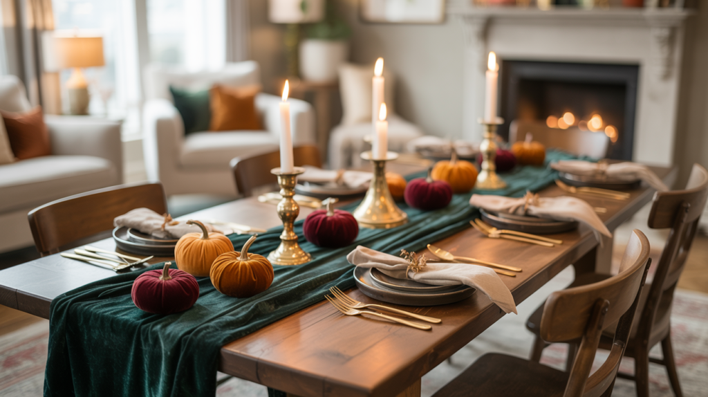 Elegant fall tablescape with gold candlesticks, velvet green table runner, mini pumpkins in burgundy and mustard tones, and neutral place settings for cozy autumn dining
