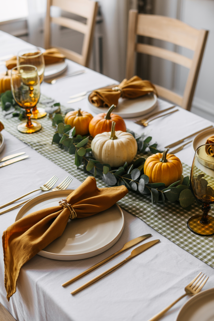 Elegant fall tablescape with a green gingham table runner, mini pumpkins, eucalyptus garland, mustard napkins with gold rings, amber glassware, and gold flatware on white plates.