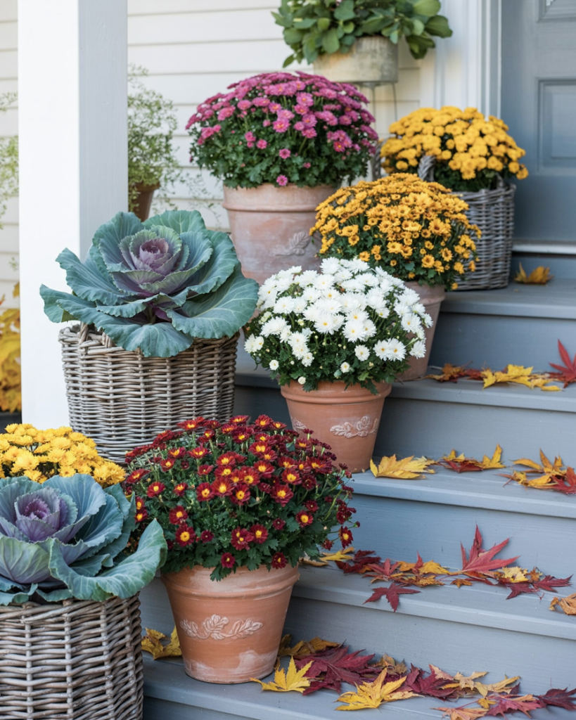 Fall porch steps decorated with colorful mums in terracotta and wicker planters, ornamental cabbages, and scattered autumn leaves — vibrant seasonal outdoor decor inspiration.
