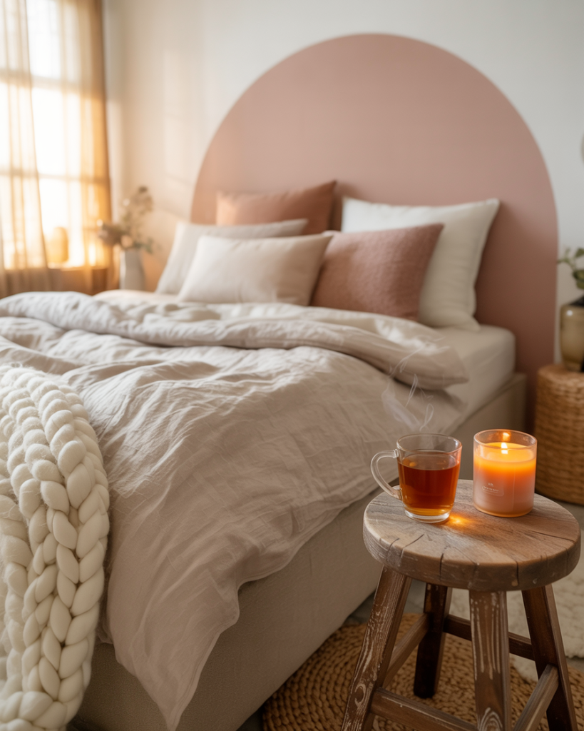 Cozy minimalist bedroom with blush pink arch accent wall, layered neutral bedding, chunky knit blanket, warm pillows, rustic wooden stool used as nightstand with lit candle and cup of tea.