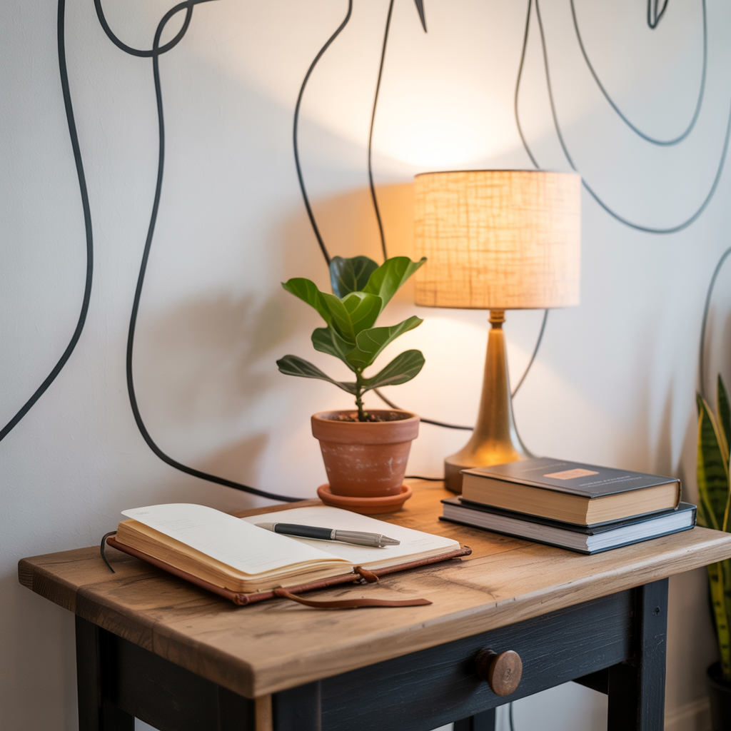 Minimalist wooden desk styled with open journal and pen, potted fiddle-leaf plant, stacked books, and warm table lamp against modern abstract line art wall.