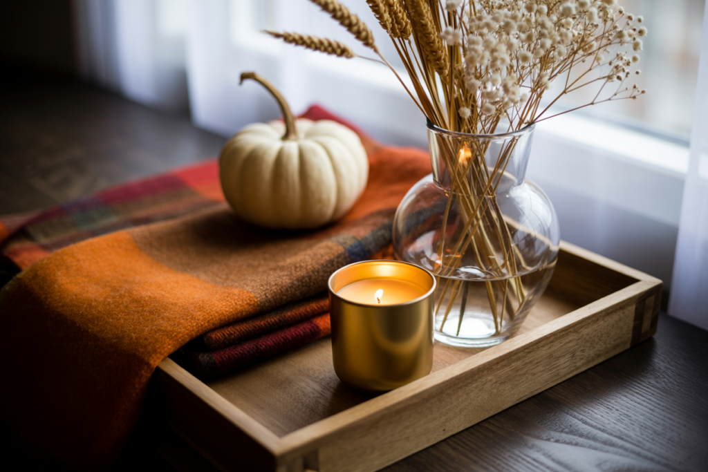 Cozy fall decor tray with lit gold candle, white mini pumpkin, orange and brown plaid blanket, and glass vase of dried wheat on a wooden surface by a sunlit window