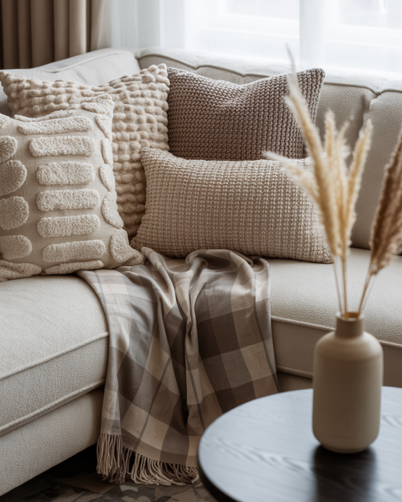 Cozy neutral living room corner with textured cream and taupe throw pillows, a soft plaid blanket draped over the sofa, and a minimalist vase with pampas grass on a round black coffee table.