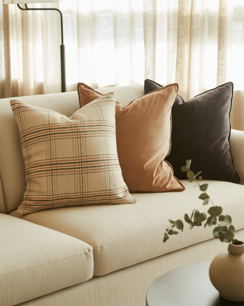 Neutral sofa styled with a beige plaid throw pillow, camel velvet pillow, and deep charcoal pillow, complemented by a black round coffee table with a ceramic vase and greenery in soft natural light.
