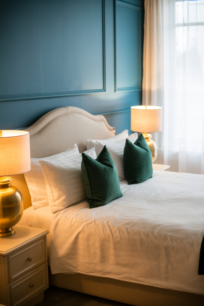 Elegant bedroom with upholstered beige headboard, crisp white bedding, emerald green throw pillows, gold table lamps, and deep blue accent wall with decorative molding.