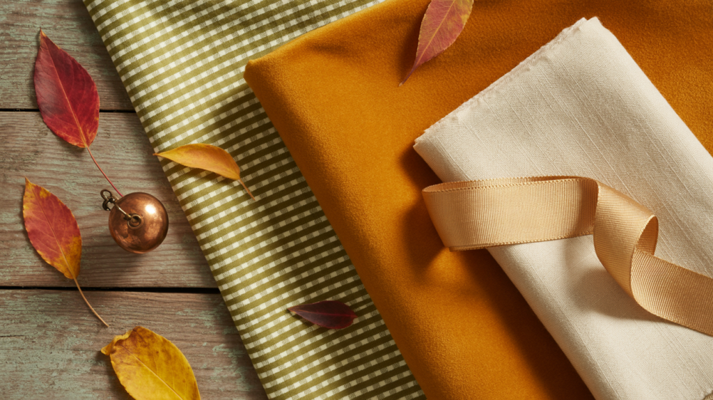 Flat lay of fall-inspired fabrics including olive green gingham, mustard velvet, and cream linen with ribbon, accented by autumn leaves and a copper bell on a rustic wooden surface.
