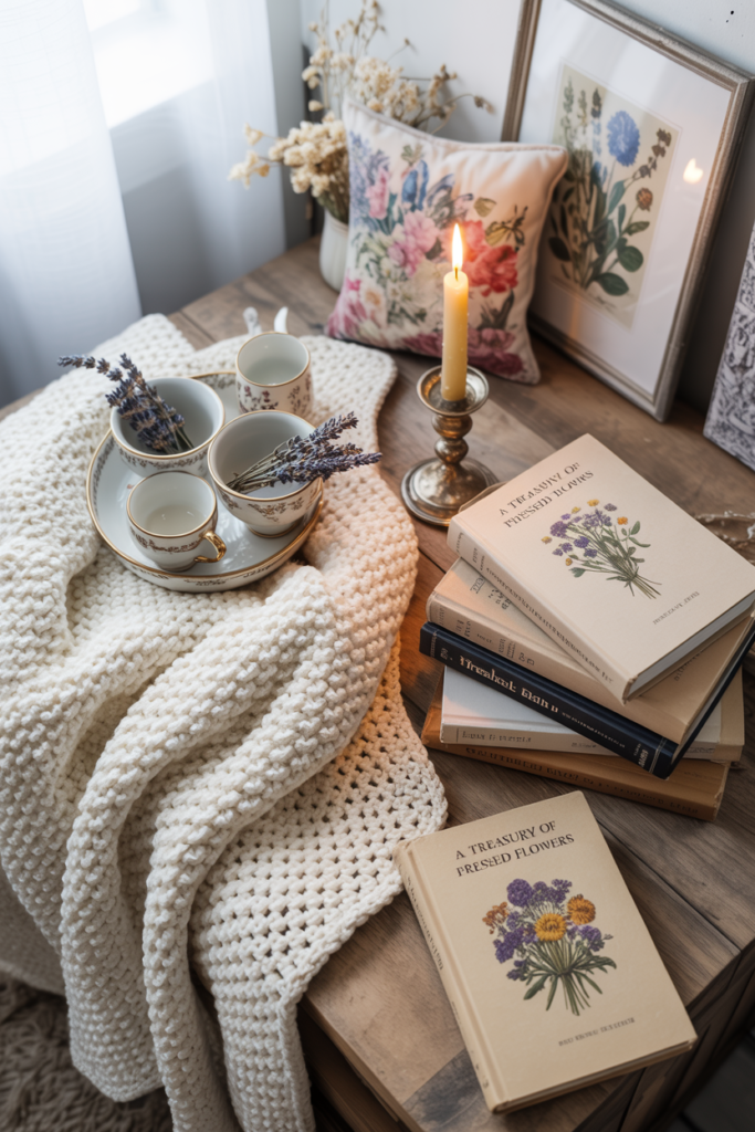 Cozy grandmacore vignette with stacked vintage floral books, teacups filled with dried lavender, cream knit blanket, floral pillow, framed botanical art, and a lit taper candle on a wooden table.