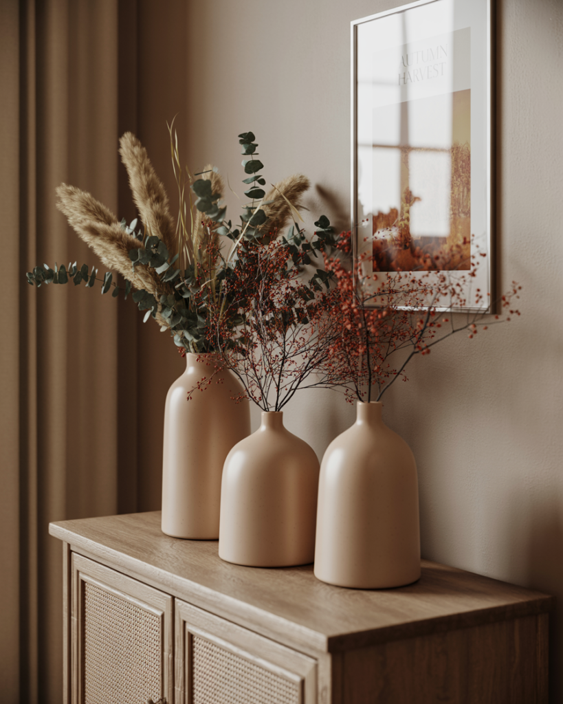 Minimalist fall decor with three matte beige vases styled with pampas grass, eucalyptus, and dried red berries on a wooden console table, paired with an autumn harvest wall print for a modern seasonal look.