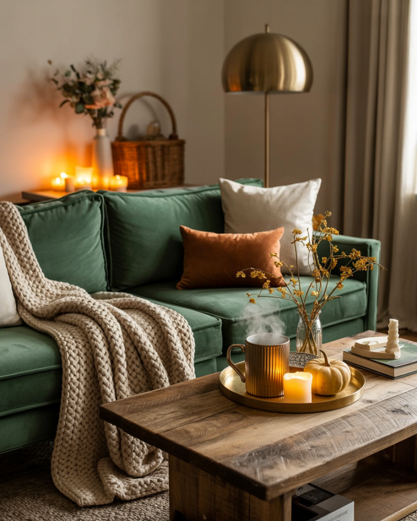 Warm and cozy fall living room with green velvet sofa, chunky knit throw, gold floor lamp, rustic wooden coffee table topped with steaming mug, mini pumpkin, candles, and dried flowers on a golden tray.