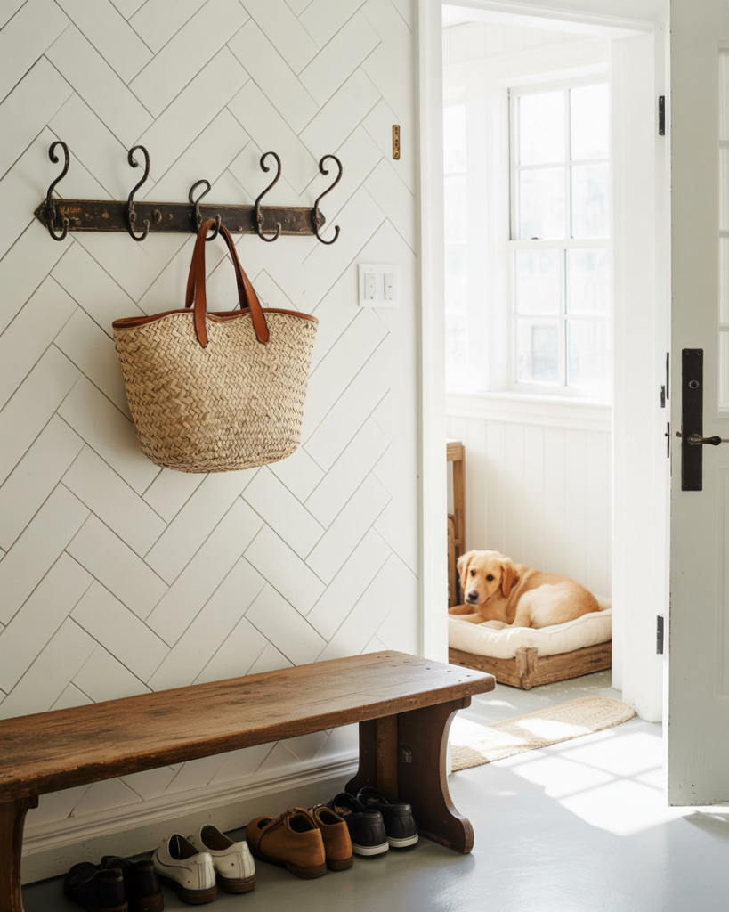 Bright farmhouse entryway with rustic wood bench, woven tote bag on wall hooks, neatly lined shoes, herringbone wall pattern, and golden retriever resting on a dog bed in sunlit mudroom.