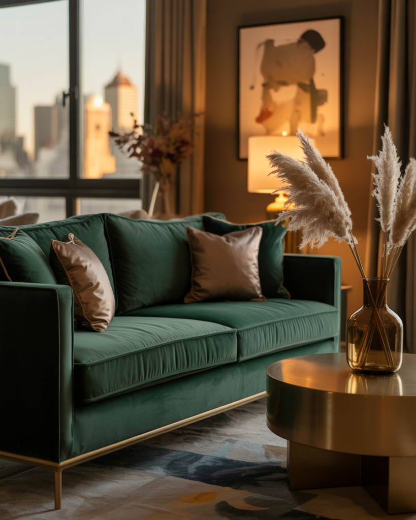 Elegant city apartment living room with emerald green velvet sofa, satin accent pillows, gold coffee table with pampas grass vase, abstract wall art, and sunset skyline view through large window