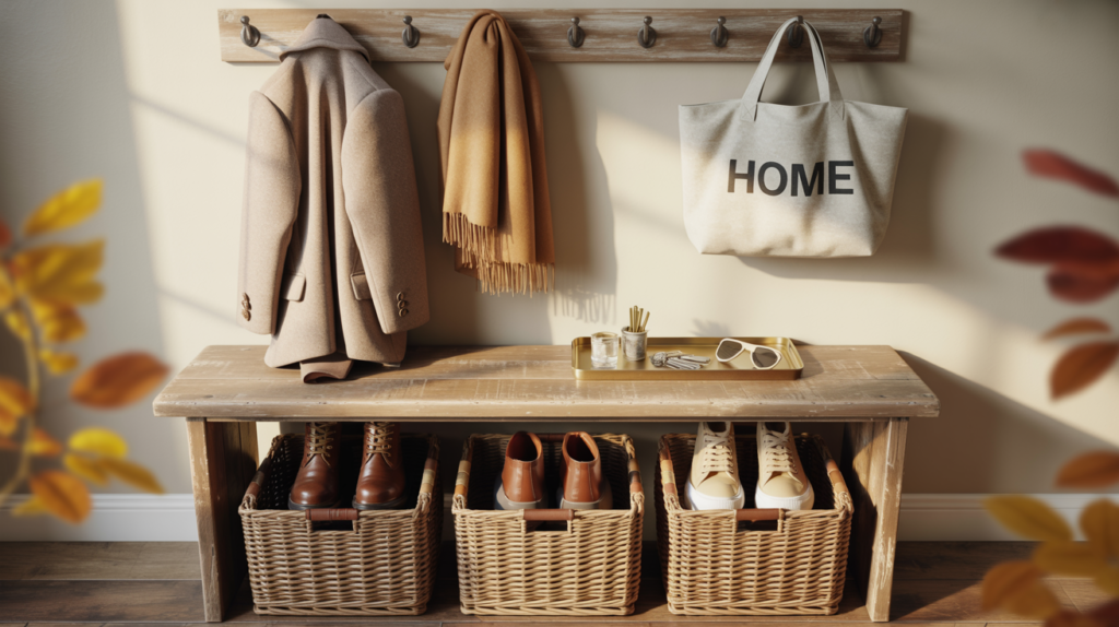  Organized fall entryway with wooden bench, woven baskets for shoes, camel coat and scarf on wall hooks, canvas tote bag, and gold tray holding keys and sunglasses, styled in warm seasonal tones