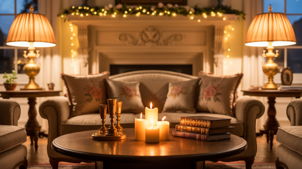 Warm grandmacore living room with vintage sofas, floral throw pillows, and golden table lamps, featuring a coffee table centerpiece of glowing candles, antique books, and brass candlesticks, set before a fireplace with garland and twinkling fairy lights.