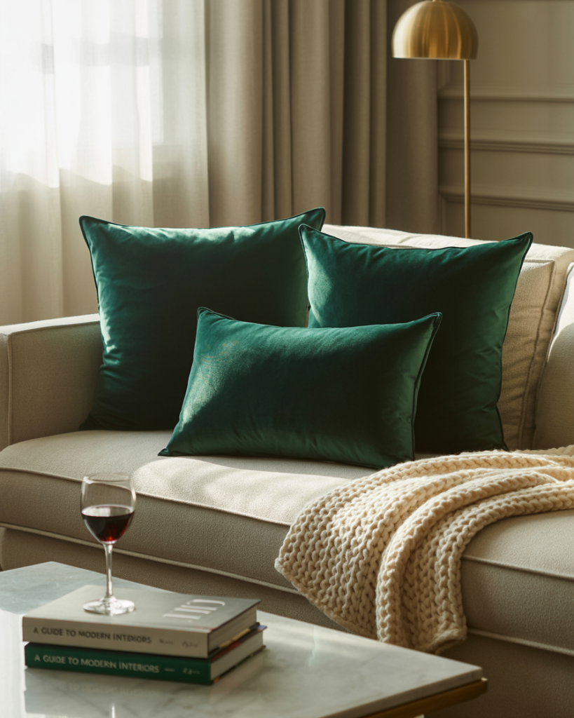 Elegant living room with emerald green velvet throw pillows on a neutral sofa, a chunky knit cream blanket, marble coffee table with books and a glass of red wine, and gold floor lamp in the background.