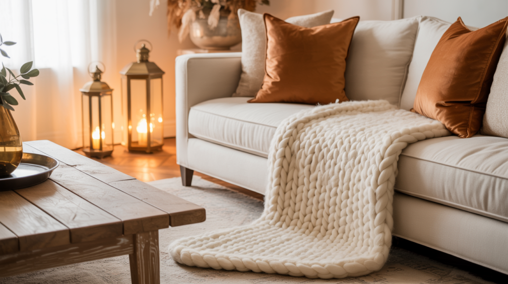 ozy fall living room with beige sofa styled with burnt orange pillows, chunky knit blanket, rustic wooden coffee table, and glowing lantern candles for a warm autumn atmosphere.