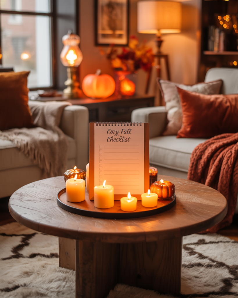 Cozy fall living room with a round wooden coffee table topped with glowing candles, mini pumpkins, and a “Cozy Fall Checklist” notepad, surrounded by neutral sofas, warm orange throws, autumn pillows, and glowing pumpkin decor for a festive seasonal vibe.