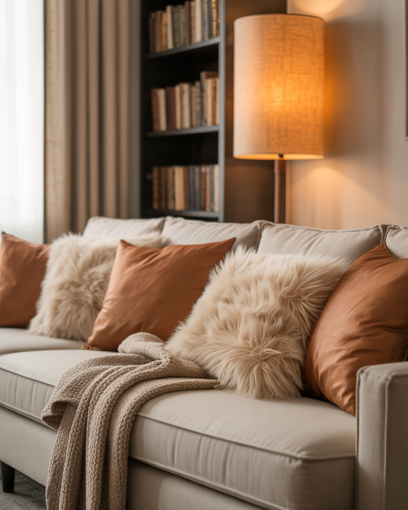 Cozy living room with beige sofa styled with fluffy faux fur pillows and burnt orange satin cushions, knit throw blanket draped on the seat, tall floor lamp glowing warmly, and bookshelf filled with vintage books.