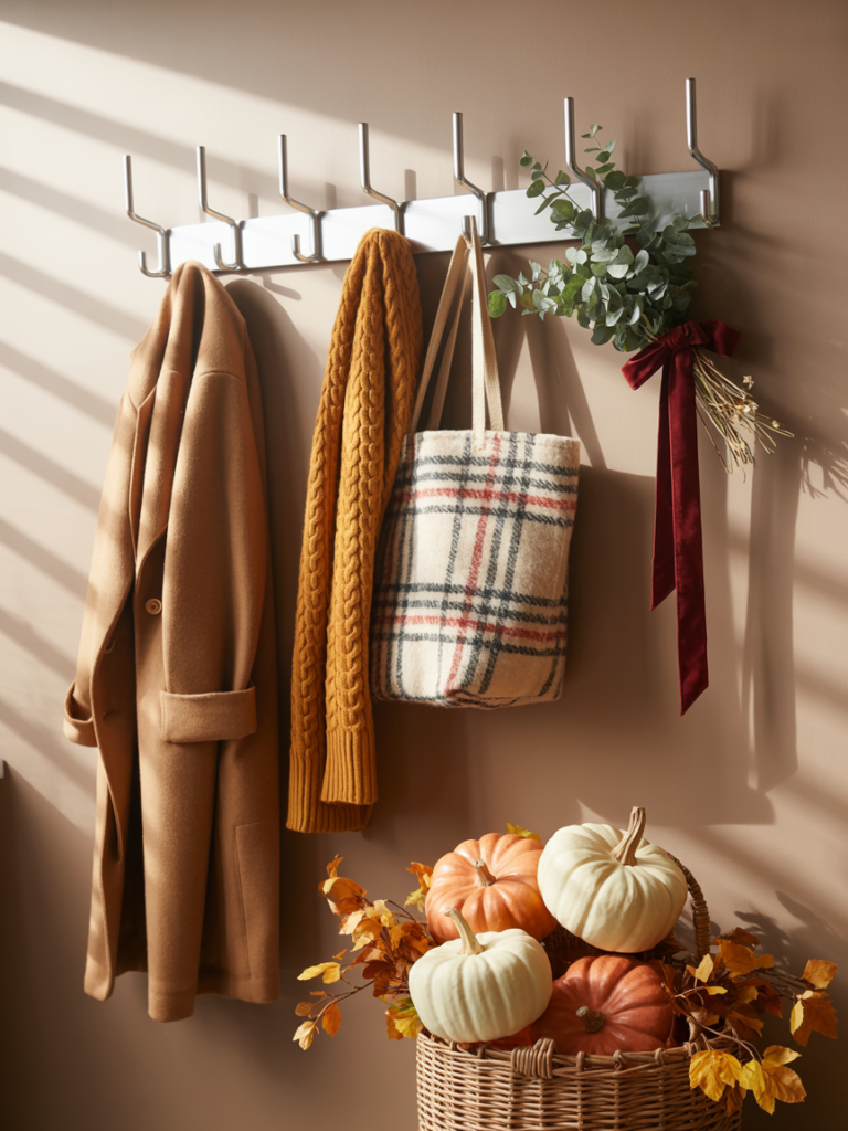 Fall entryway wall with silver coat hooks holding a camel wool coat, mustard knit scarf, plaid tote bag, and eucalyptus bundle tied with a burgundy ribbon; below sits a wicker basket filled with white and orange pumpkins and autumn leaves—stylish seasonal decor with cozy, welcoming vibes.