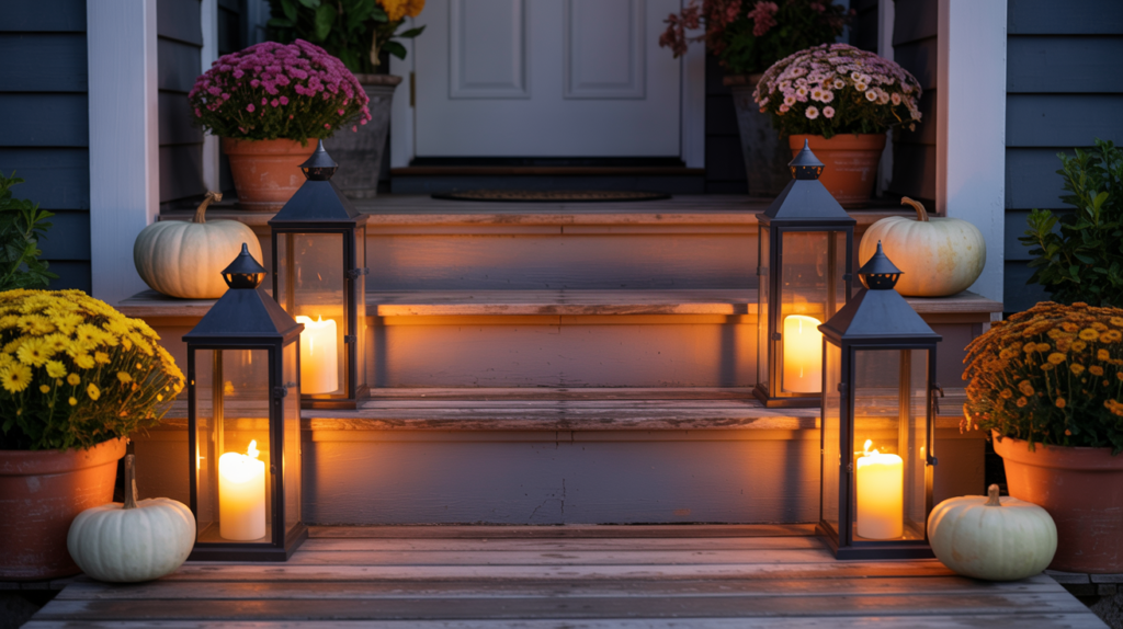 Warm autumn porch steps decorated with glowing lantern candles, colorful mums in rustic planters, and white pumpkins — cozy fall entryway lighting inspiration