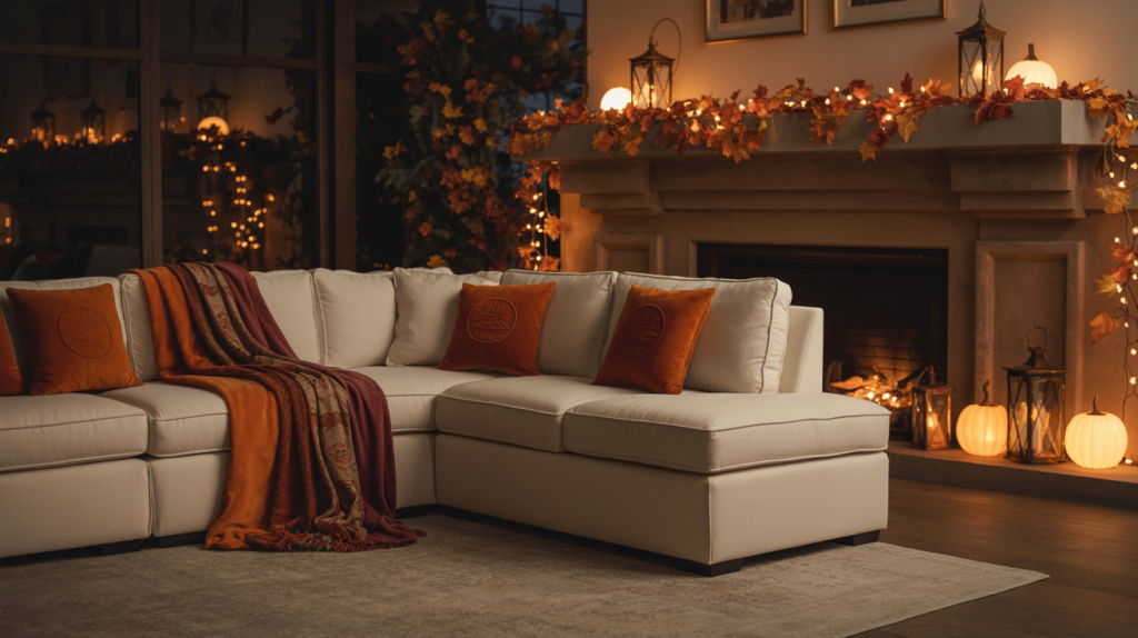 Cozy fall living room with a cream sectional sofa, burnt orange accent pillows, and a warm throw blanket, set beside a fireplace decorated with autumn leaf garland, glowing lanterns, and pumpkin lights for a festive seasonal atmosphere.