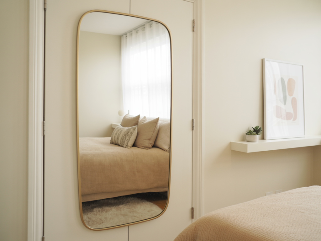 Minimalist dorm room with full-length gold-framed mirror on closed closet door, neutral bedding, cozy pillows, abstract wall art, and floating shelf with a small potted succulent