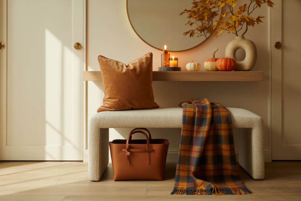 Minimalist fall entryway styled with a boucle bench, burnt orange pillow, plaid throw blanket, and tan leather handbag. Above, a floating shelf displays autumn decor—mini pumpkins, glowing candles, and a sculptural vase with golden maple branches—set against creamy walls and a round mirror for a warm, modern seasonal look.