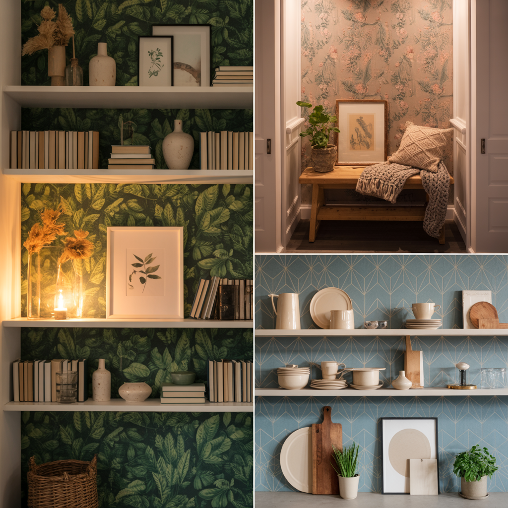 Collage of stylish home decor vignettes featuring: green leafy wallpaper with open shelving styled with books, ceramics, and framed art; a cozy entry nook with floral wallpaper, wooden bench, knit throw, and potted plant; and blue geometric wallpaper with open kitchen shelves displaying neutral dishware, cutting boards, and greenery.