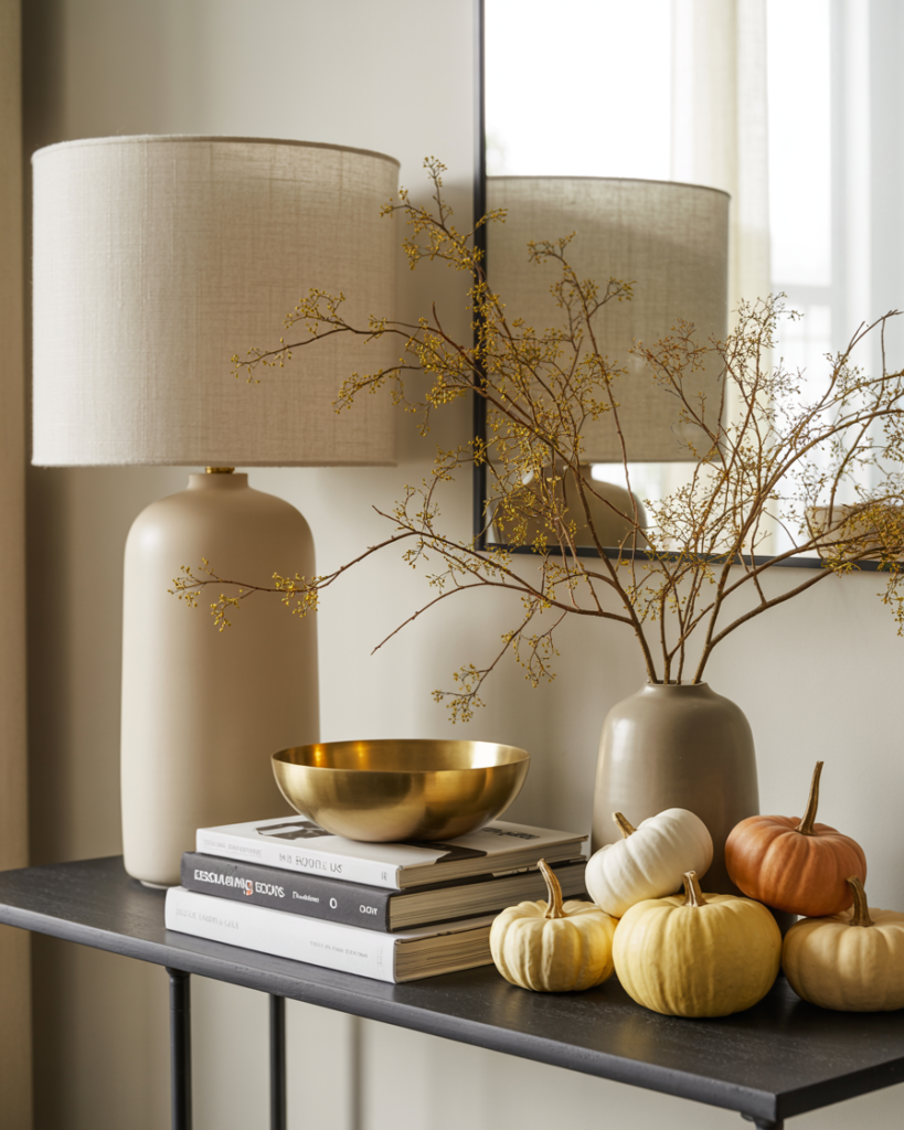 “Minimalist fall entryway decor with stacked books, neutral ceramic lamp, gold bowl, vase with autumn branches, and small pumpkins in white, yellow, and orange tones styled on a sleek black console table.