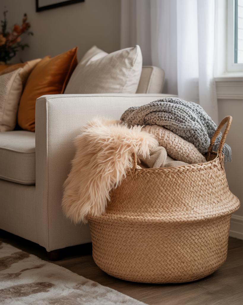 Woven storage basket filled with chunky knit blankets and faux fur throw, styled beside a beige sofa with cozy pillows for warm fall living room decor