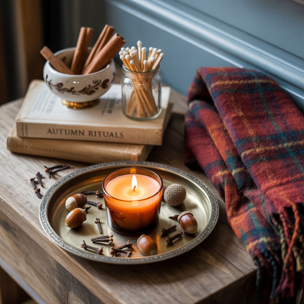 Cozy fall vignette featuring a burning amber candle on a brass tray surrounded by acorns and cloves, with a folded plaid blanket, cinnamon sticks, a jar of matches, and autumn-inspired books stacked on a wooden table—perfect for a warm, seasonal entryway or living room touch.