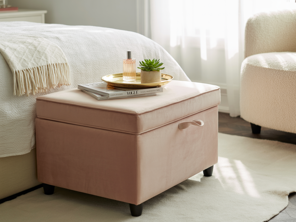 Blush pink velvet storage ottoman styled as a bedside table with gold tray, perfume, succulent plant, and fashion magazines in a bright, cozy bedroom with boucle chair and white fringe throw blanket