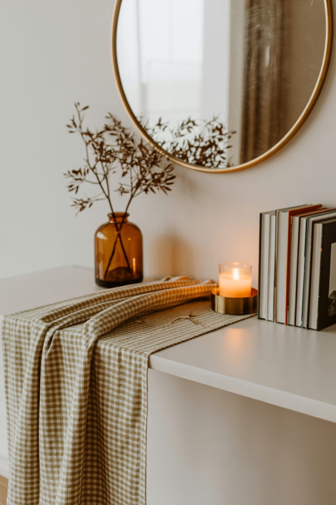 Minimalist fall vignette with a beige gingham table runner, amber glass vase with dried branches, lit candle in a gold holder, and stacked books beneath a round gold-framed mirror