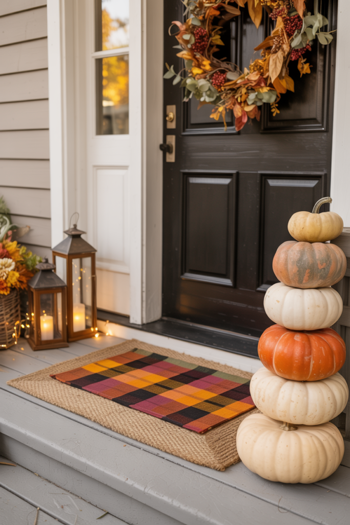 Charming fall front porch with a black door decorated with an autumn wreath, stacked pumpkins, plaid layered doormat, wicker basket of flowers, and lanterns with glowing candles for a cozy seasonal entryway.