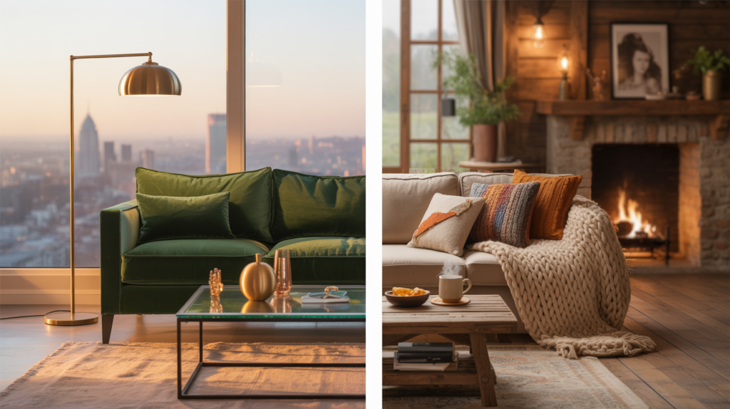 Split-screen home decor — left: modern city apartment with emerald velvet sofa, brass floor lamp, and skyline view at sunset; right: rustic cottage living room with chunky knit throw, colorful pillows, and stone fireplace with roaring fire.