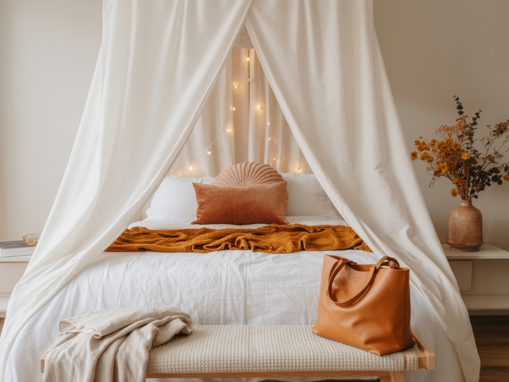 Cozy boho dorm room with white canopy bed, twinkle fairy lights, rust and blush throw pillows, chunky knit blanket, woven bench, tan leather tote bag, and earthy dried floral arrangement in ceramic vase