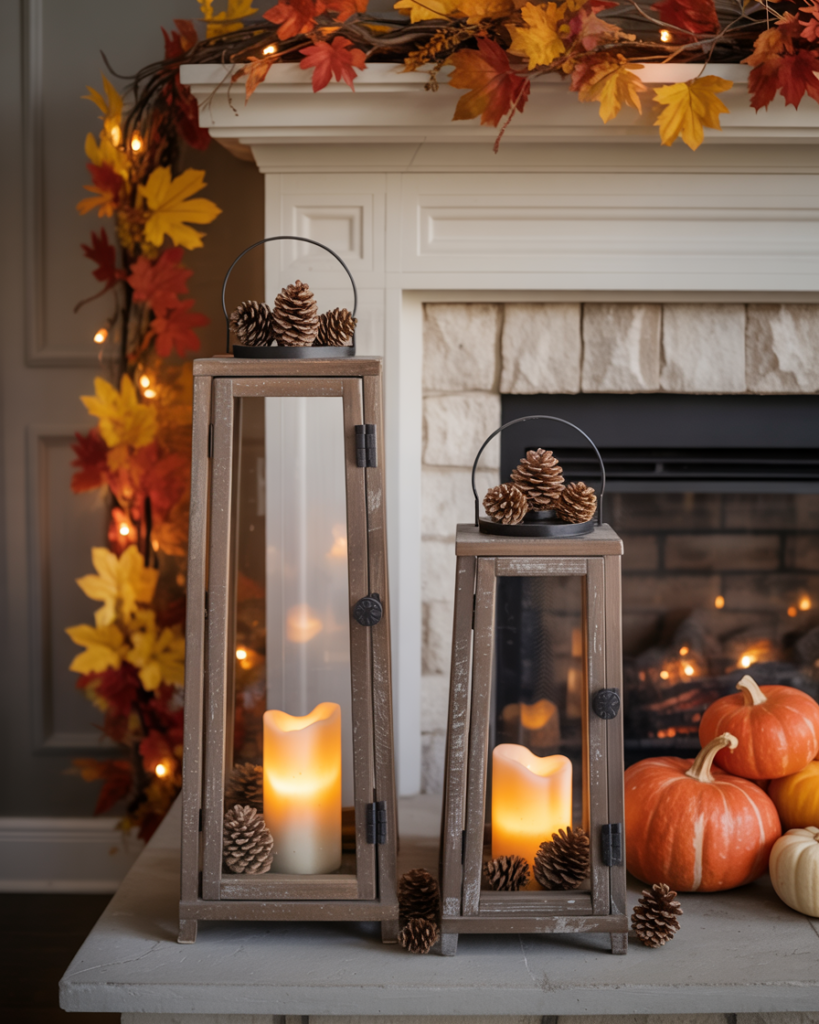 Rustic fall mantel decor featuring two wooden lanterns with glowing LED candles and pinecones, surrounded by orange and white pumpkins, vibrant autumn leaf garland, and a cozy fireplace backdrop for warm seasonal ambiance.