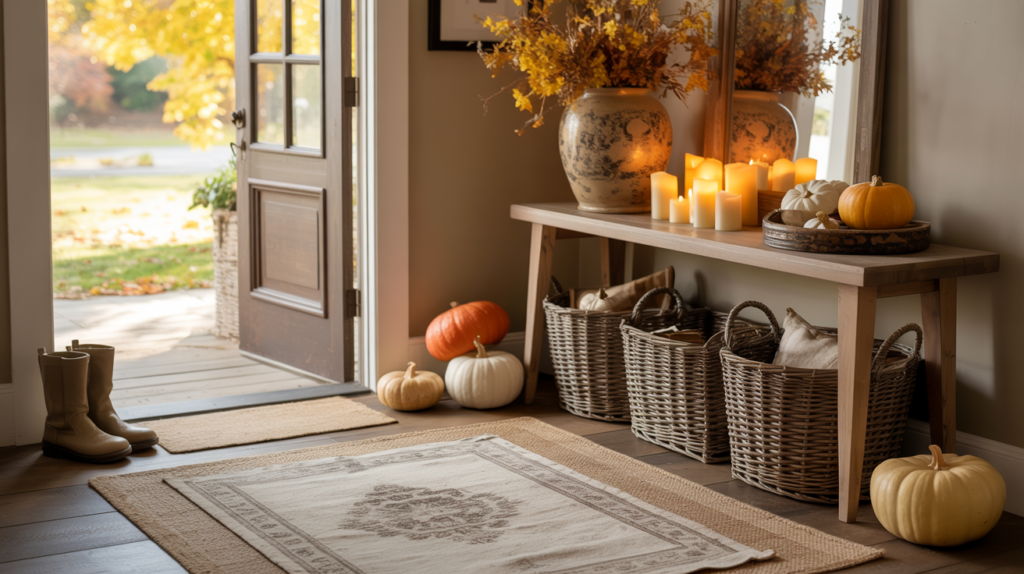 Cozy fall entryway decor with woven baskets under a wooden console table, glowing candles, neutral pumpkins, and autumn branches in a ceramic vase, styled with layered rugs and natural light for a warm seasonal welcome.