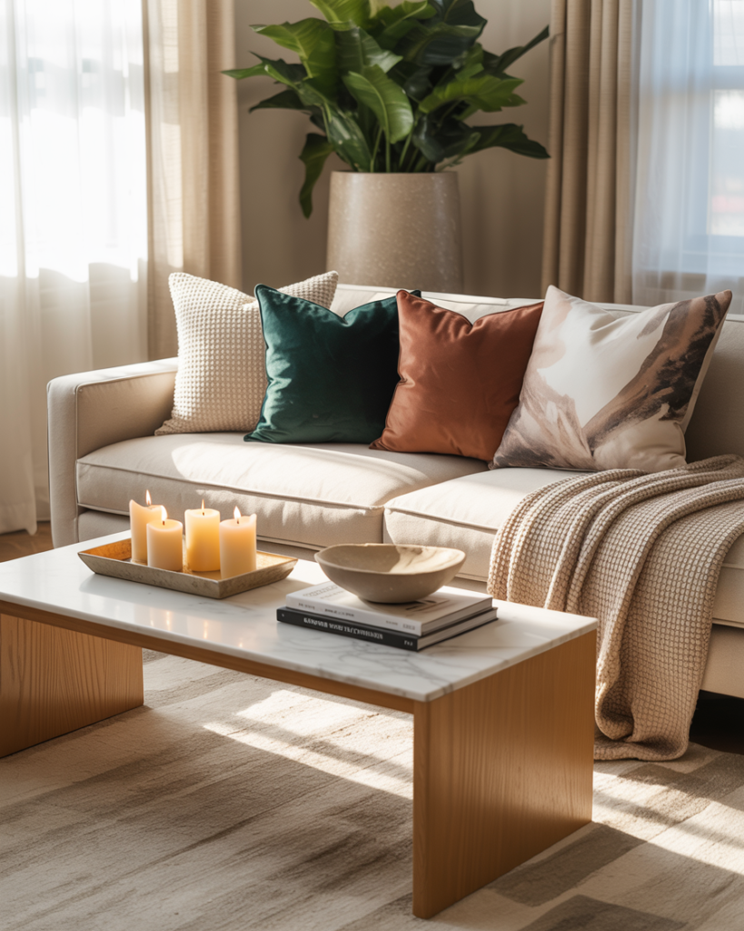 Modern living room with a neutral sofa layered with cream textured, emerald velvet, rust satin, and abstract print throw pillows, a chunky knit blanket, marble coffee table with candles and books, and a tall potted plant in the background.