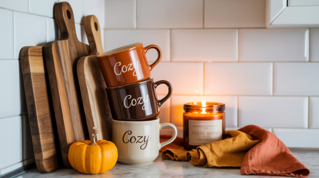 Stacked cozy fall mugs in orange, brown, and cream with wooden cutting boards, a lit autumn-scented candle, small pumpkin, and rust-colored napkin styled on a marble kitchen counter for seasonal home decor.