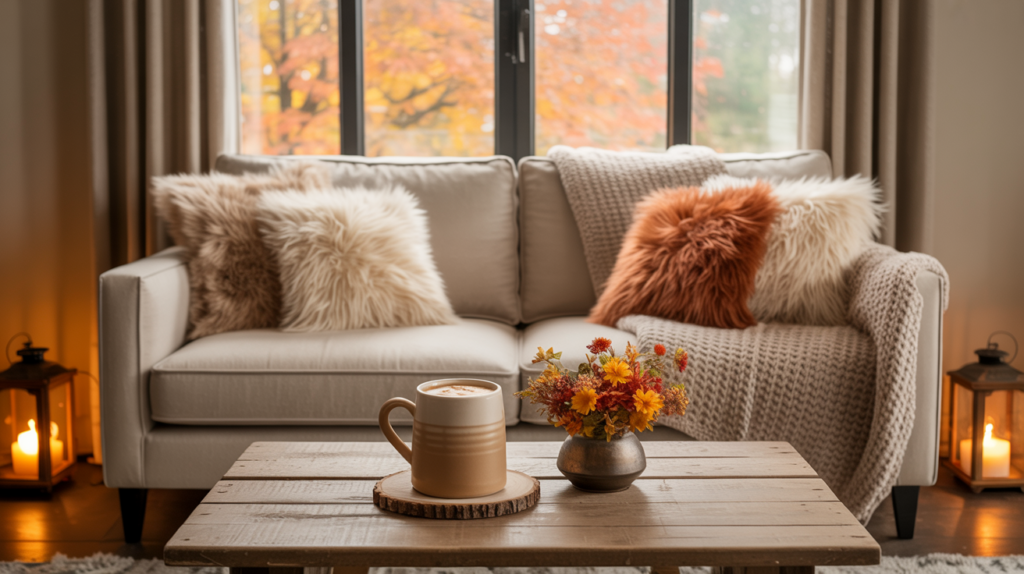 Cozy fall living room with beige sofa styled with fluffy faux fur pillows, chunky knit blanket, rustic wooden coffee table with latte and autumn flower arrangement, lantern candles glowing, and fall foliage visible through large windows.